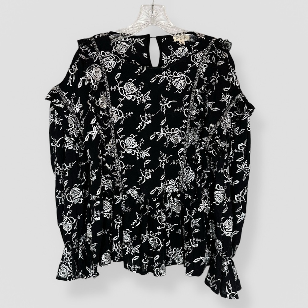 Anthropologie POL Black Silver Floral Heavily Embroidered Size Medium Boho Event